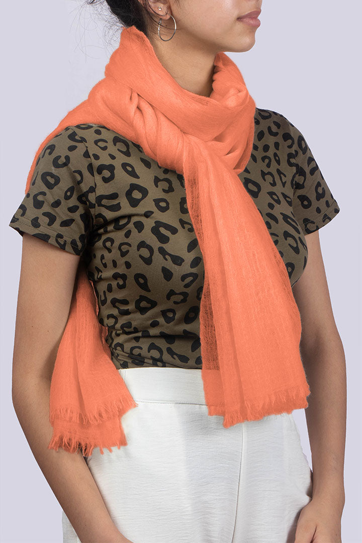 Handwoven pure cashmere scarf in tangerine orange