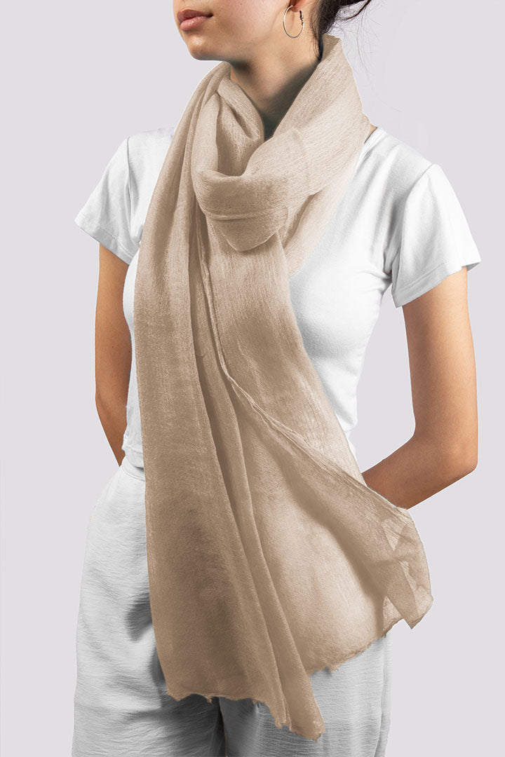 Featherlight felted sesame ivory 100% cashmere scarf.