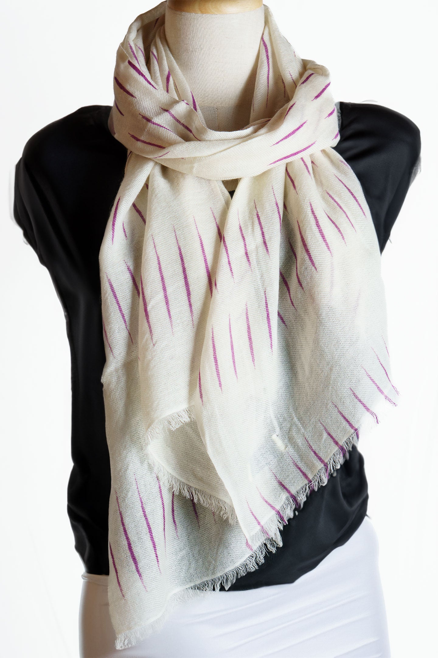 Hand Made Cashmere Scarf in Cream with Crimson