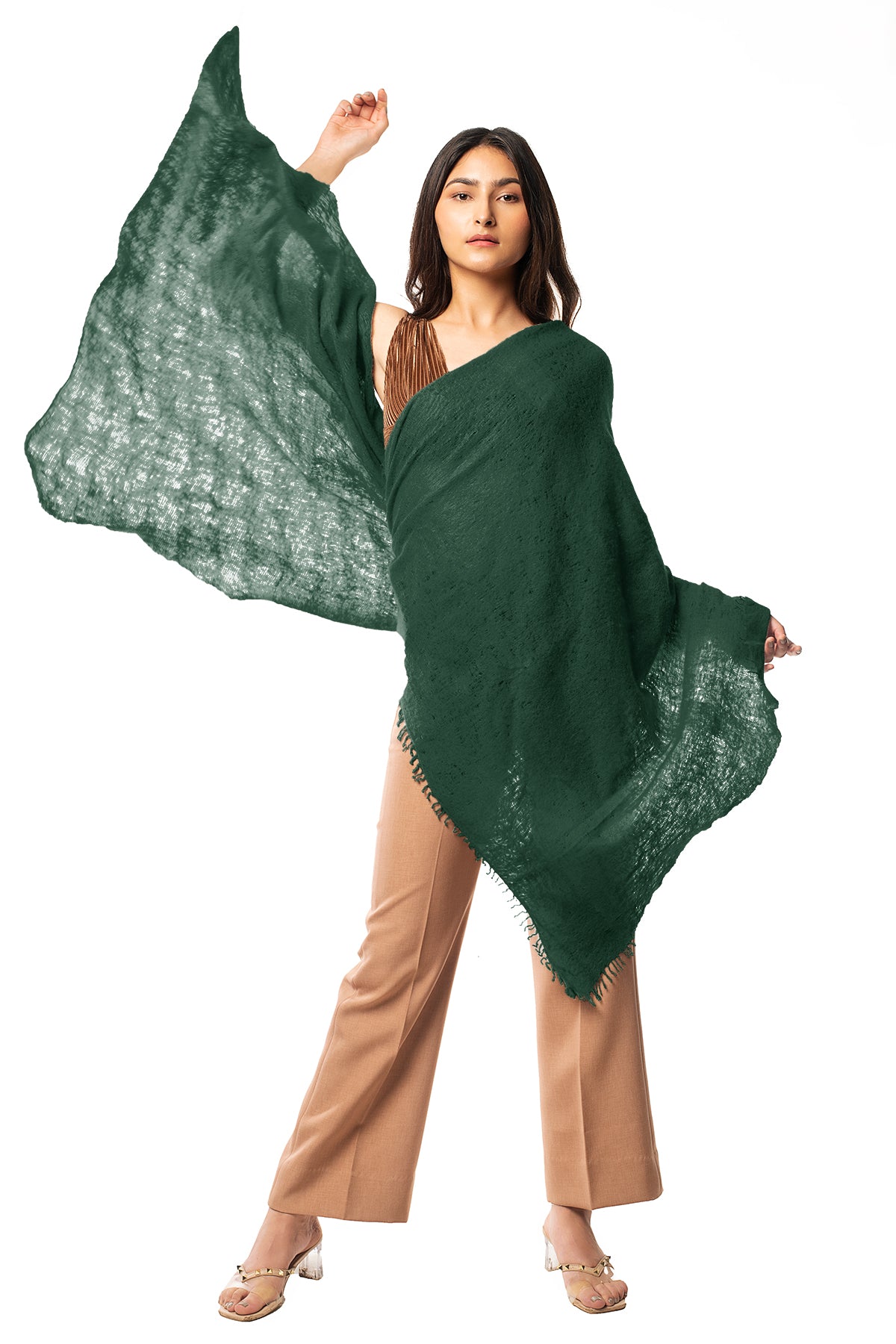 Elegant hand-knitted forest green cashmere scarf, felted for added warmth and durability