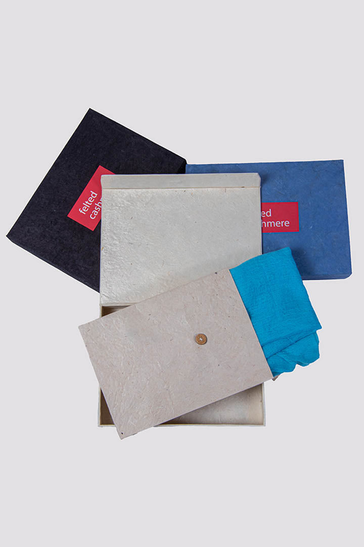 Featherlight felted blue sapphire cashmere scarf packaging